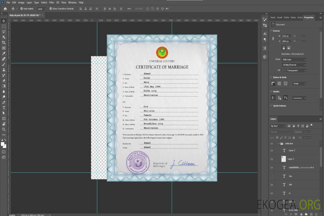 Modèle PSD de certificat de mariage en Mauritanie template